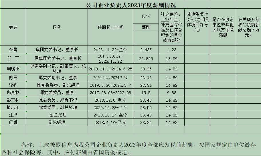 公司企業負責人2023年度薪酬情況